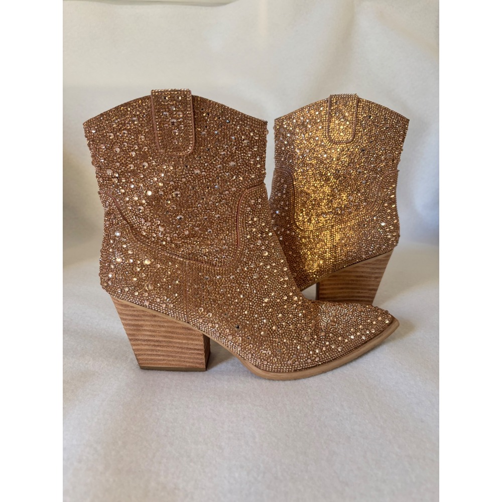 Rhinestone Western Ankle Boots Rose Gold Crystal Cowboy Booties Pointed Toe 7.5